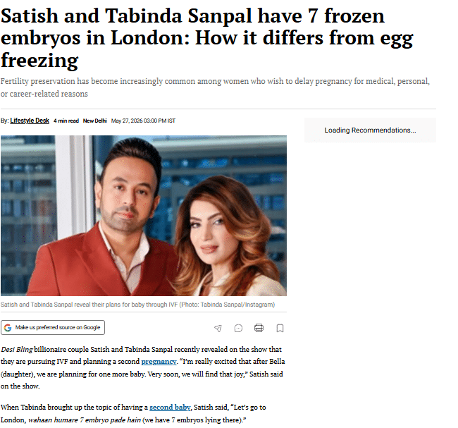 Satish and Tabinda Sanpal’s Frozen Embryos Highlight Difference Between Embryo Freezing and Egg Freezing