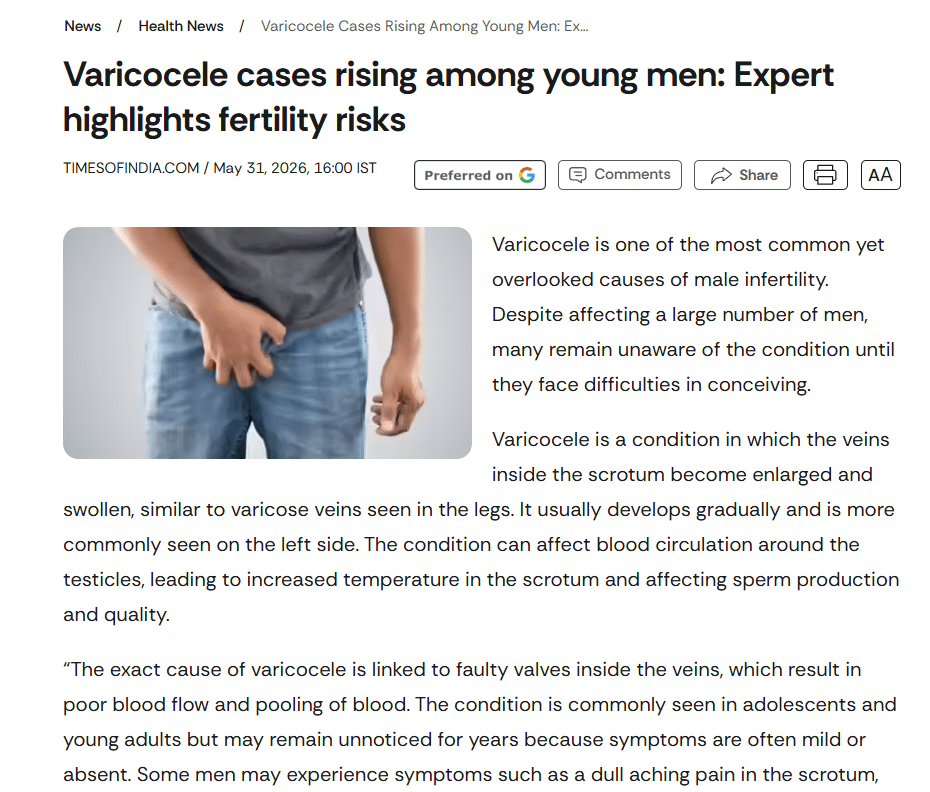 Varicocele Cases Rising Among Young Men: Expert Highlights Fertility Risks